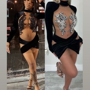 Elegant Black Mini Dress with Floral Embroidery